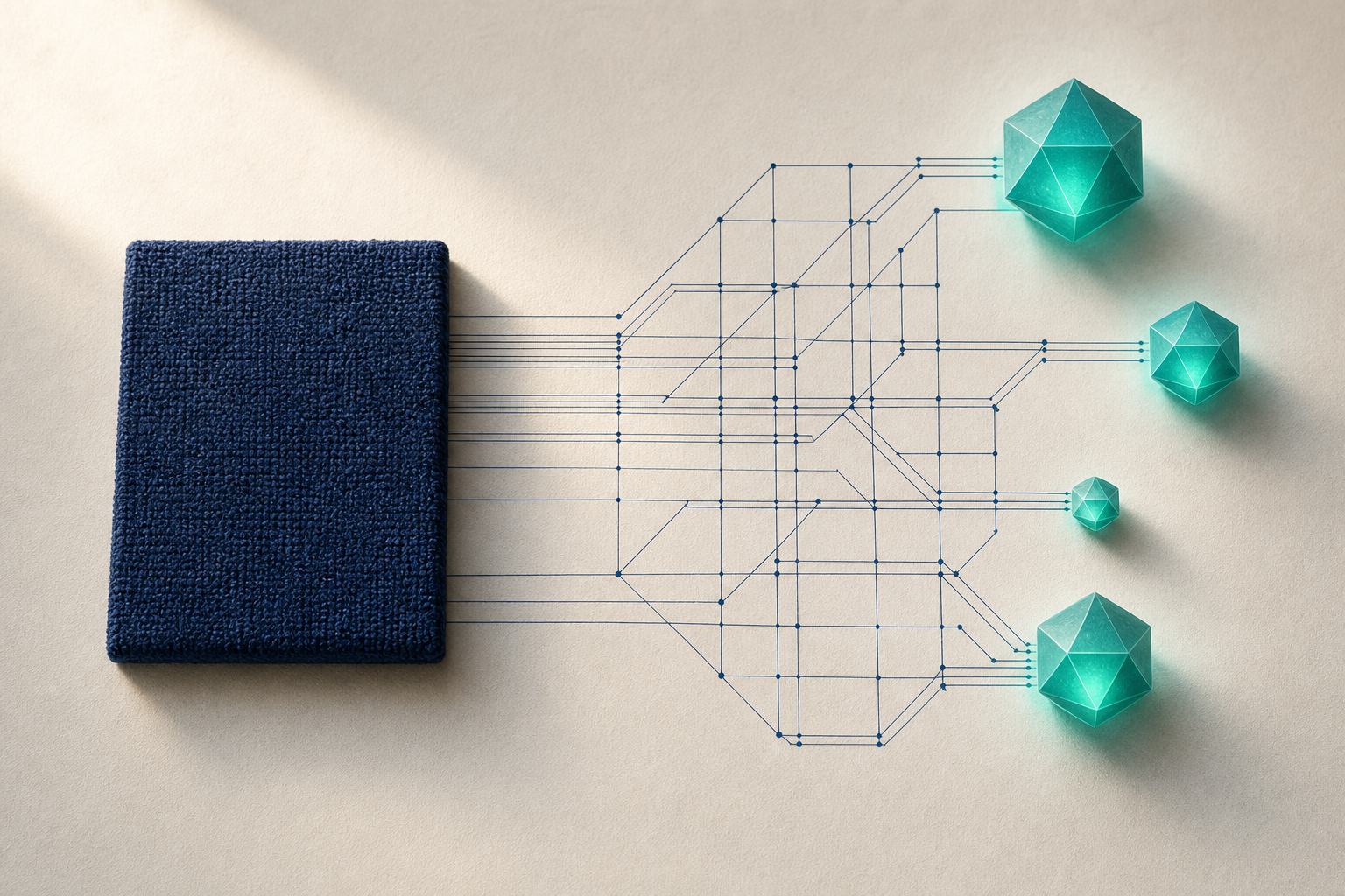 Top-down illustration of a structured-data lattice connecting a carpet cleaning business identity tile to four glowing AI engine nodes, representing how schema markup bridges a local service website to AI search platforms