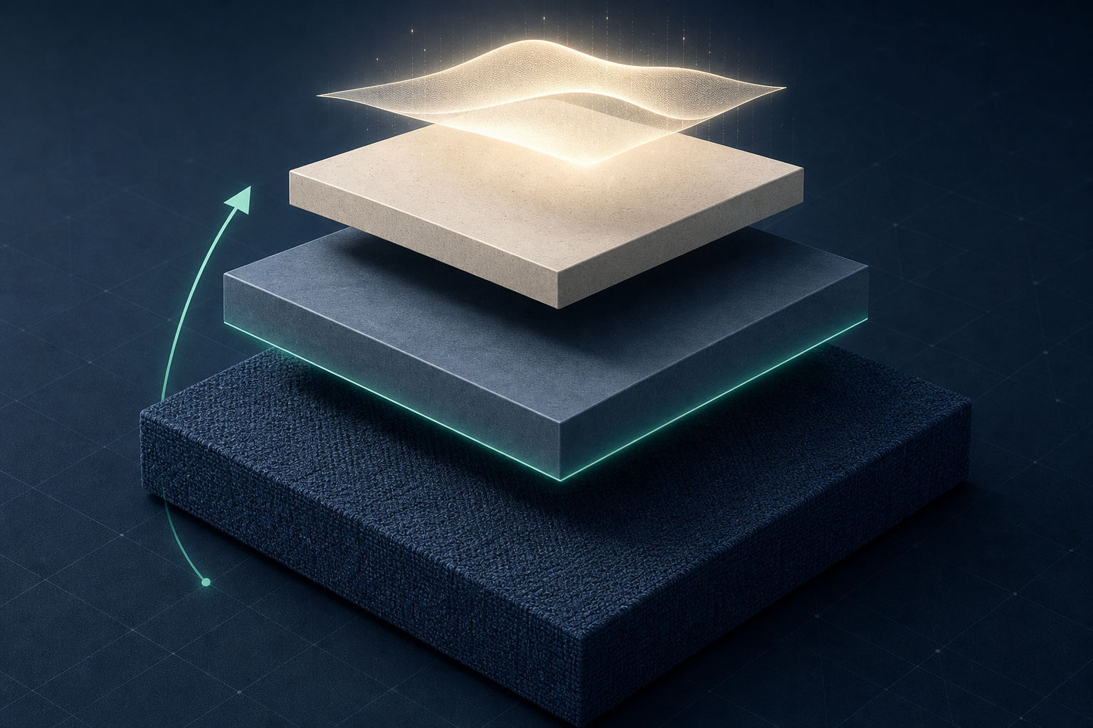 Three ascending geometric platform slabs in navy, slate blue, and off-white stacked in precise sequential order, with a teal-green arrow tracing the upward path between them, illustrating a structured foundational progression