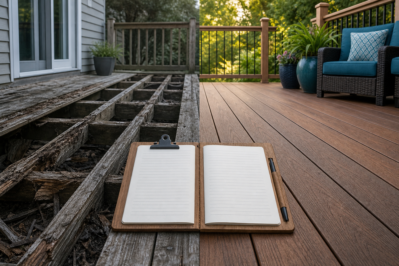 Split composition showing a deteriorated deck subframe on the left and a finished composite deck on the right, with a clipboard in the foreground representing structured project documentation
