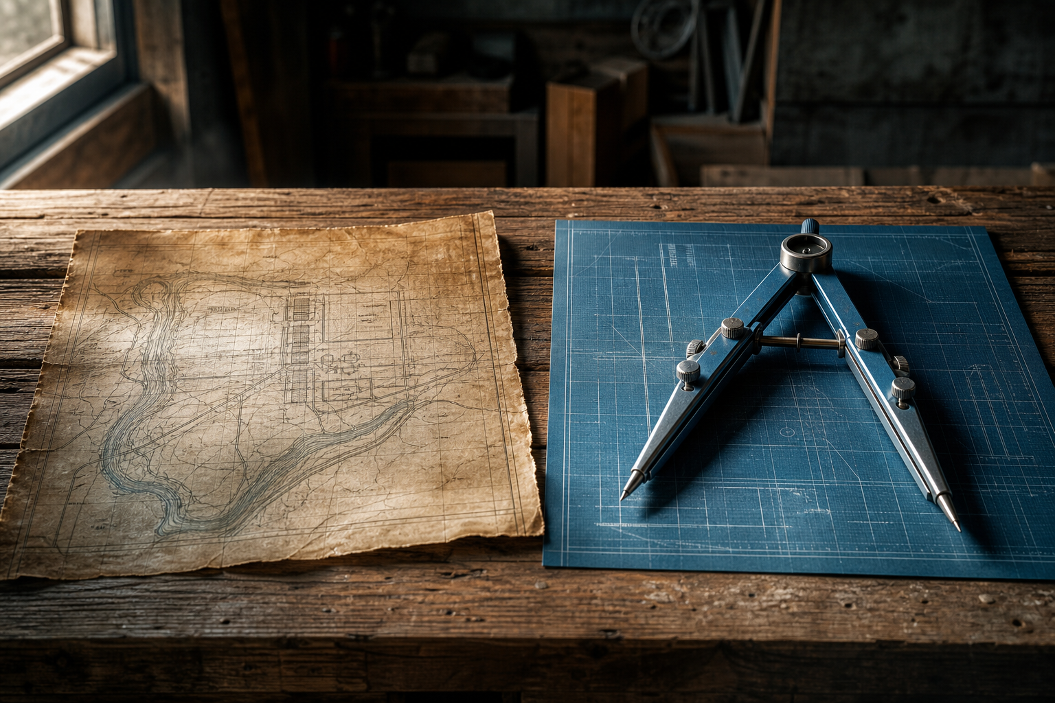 A contractor's timber workbench holds a faded paper blueprint beside a precise teal-metal compass under natural directional daylight, representing two coexisting search pathways a deck builder must navigate simultaneously.