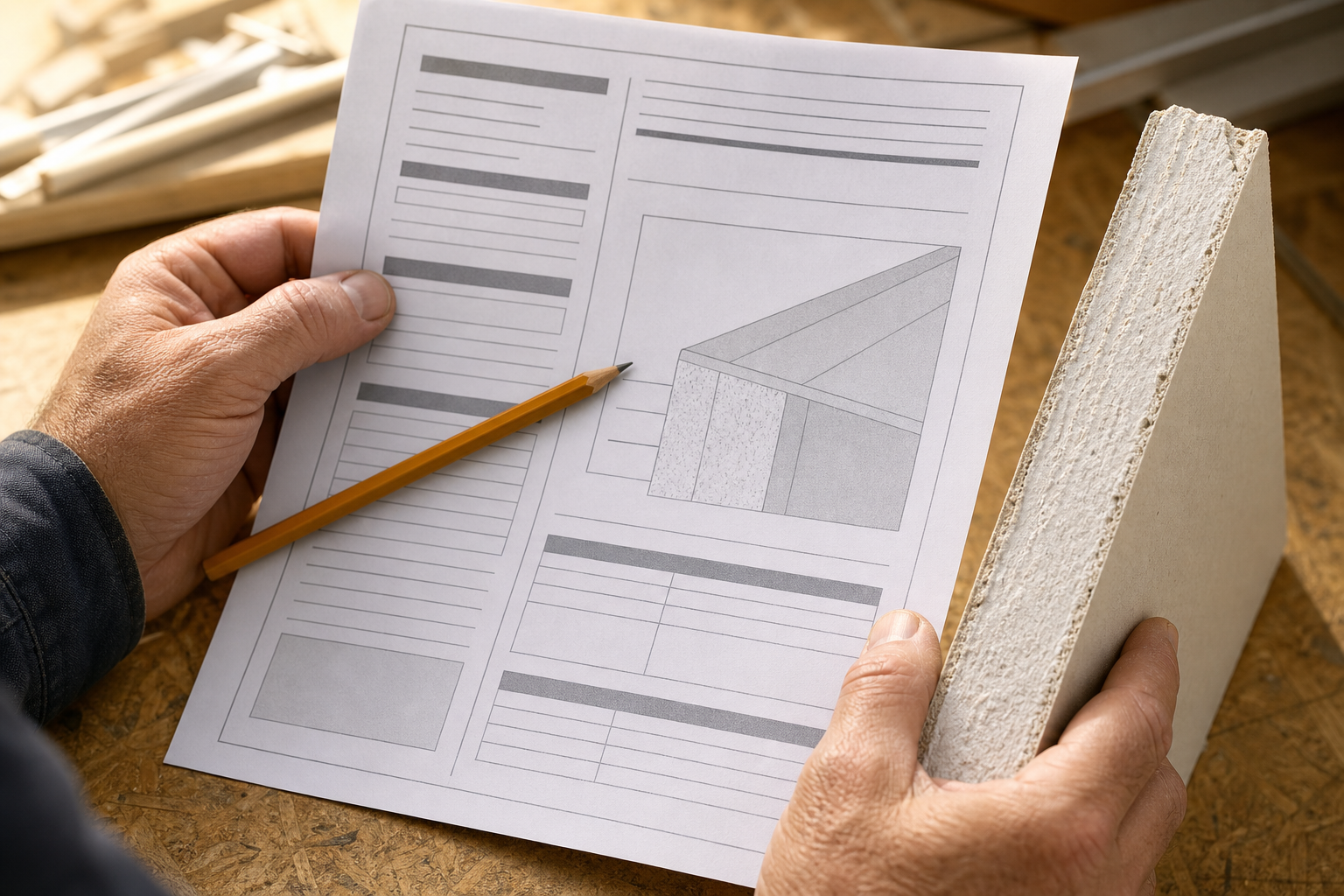Contractor's hands holding a technical specification sheet next to a cut cross-section of fire-rated drywall board with a pencil marking a notation, representing the local code review step for AI-generated content