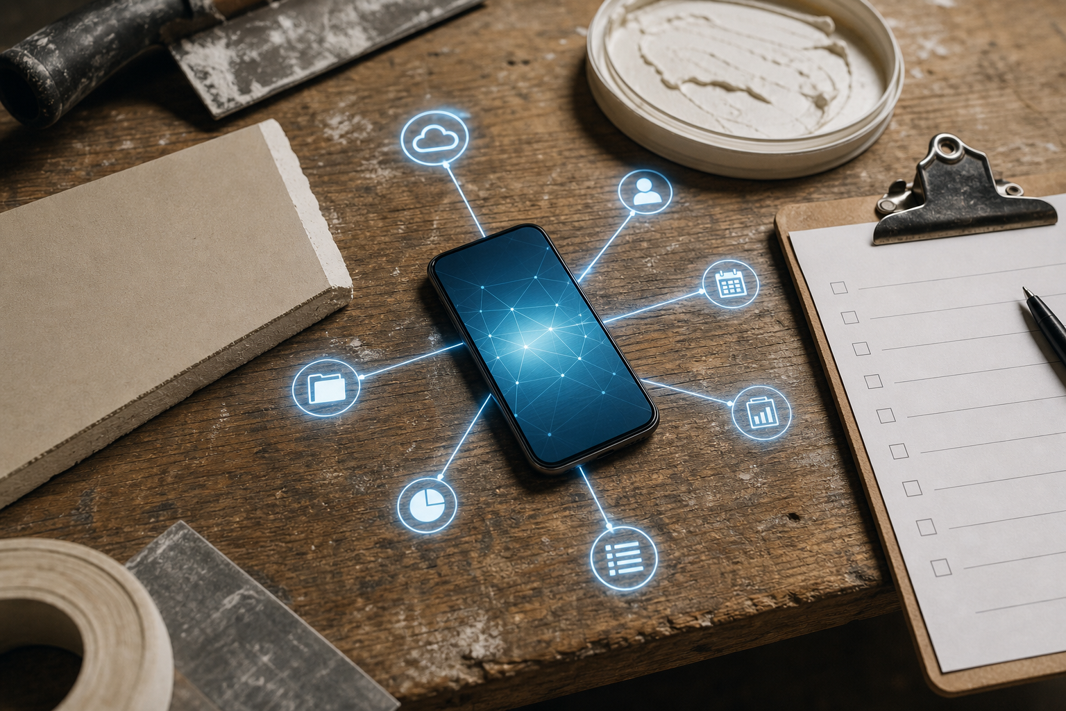 Overhead view of a contractor's workbench with a smartphone surrounded by drywall samples and a clipboard, with abstract blue lines suggesting a network of third-party citation platforms