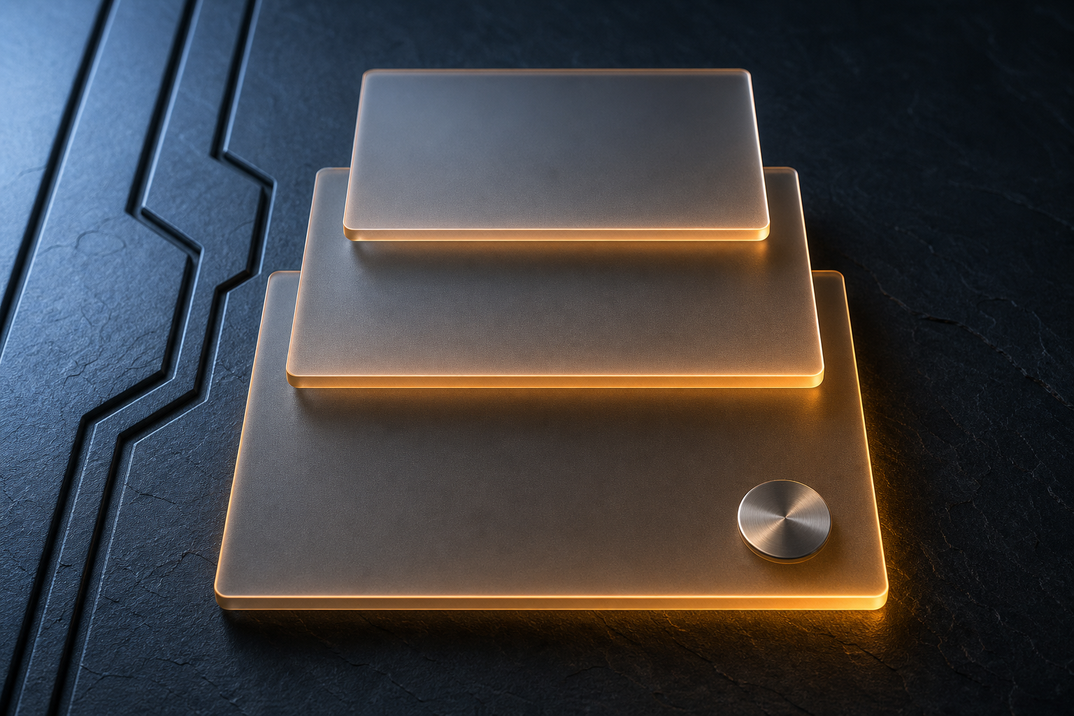 Layered frosted-glass document panels with amber edge lighting arranged in a structured hierarchy on a dark surface, representing answer-first service page architecture for AI search citation