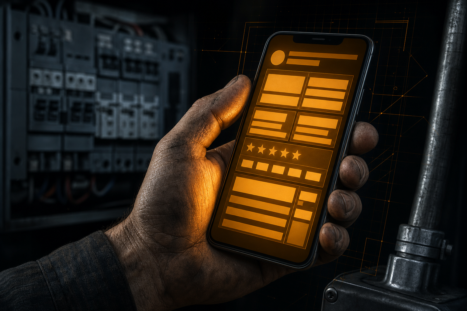 A weathered electrician's hand holds a smartphone displaying a glowing amber profile dashboard, set against a dark charcoal background with a softly blurred electrical panel behind it