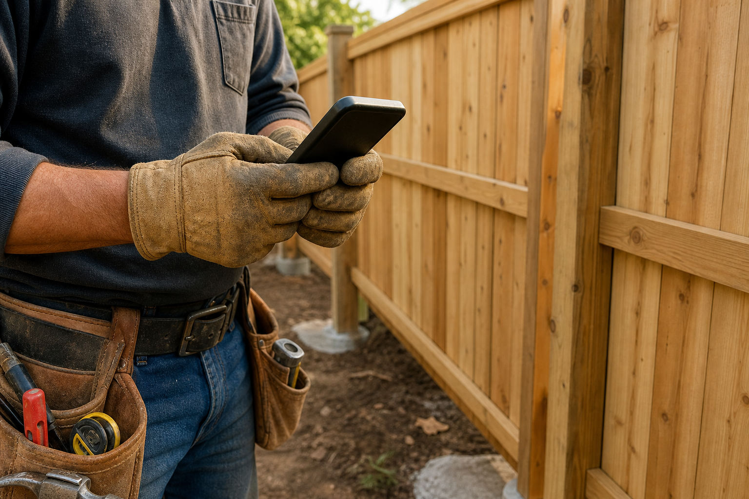 Fence contractor in work gloves holding a smartphone beside a freshly installed wood fence, representing the on-site review collection habit