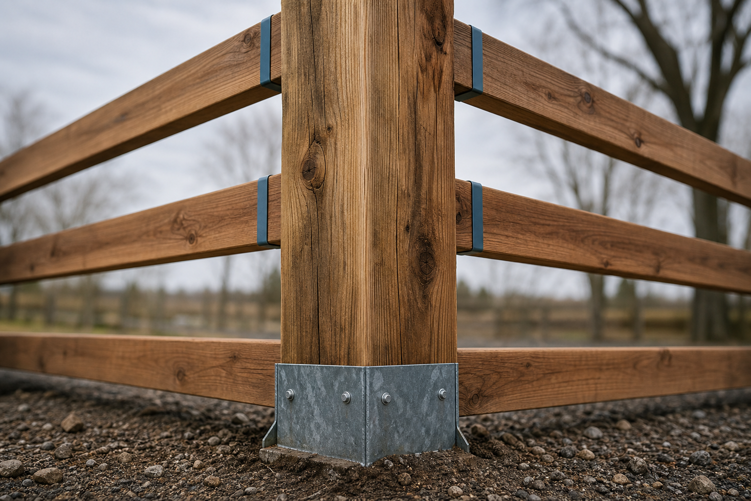 A sharp cedar fence post anchored in gravel with steel-blue tagged rails extending outward, representing structured content being cited and extracted by AI systems