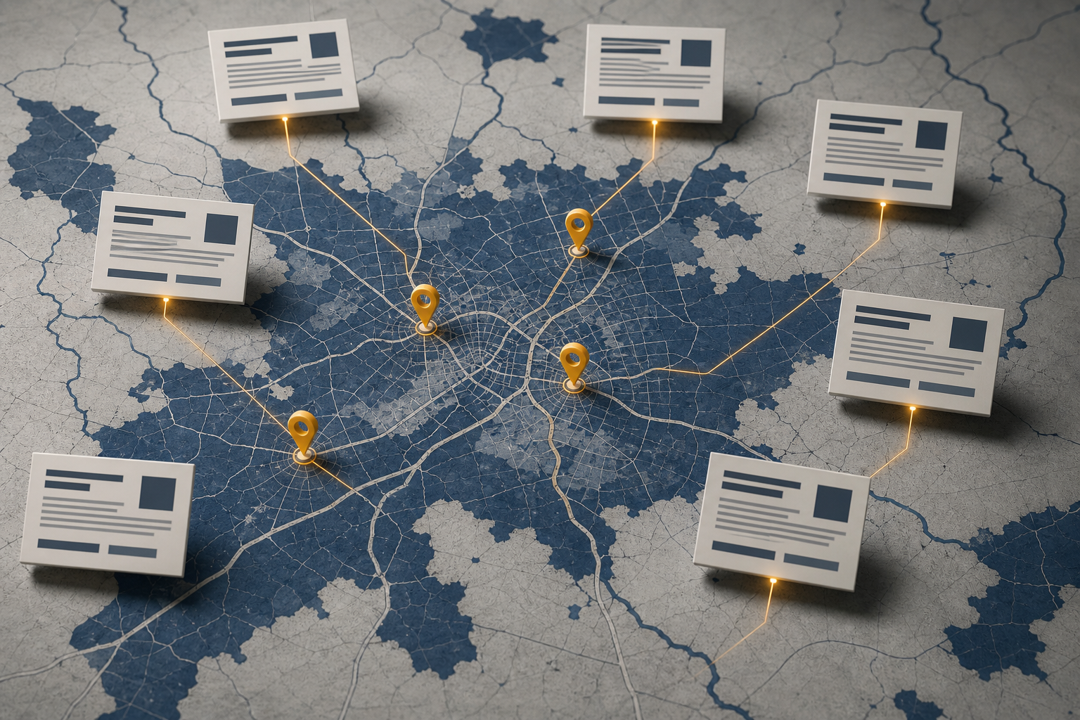 Top-down regional map with amber map pins at multiple city locations, each connected by a glowing line to a floating abstract structured page card representing a geo-targeted service page