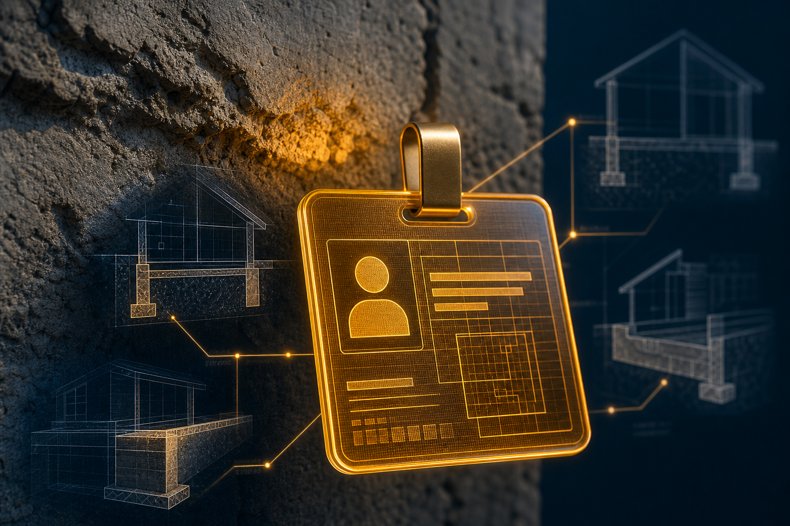 A glowing amber-gold structured data credential tag floats in front of a concrete foundation wall, with luminous schema connection lines radiating outward to faint architectural silhouettes in a deep slate-blue background