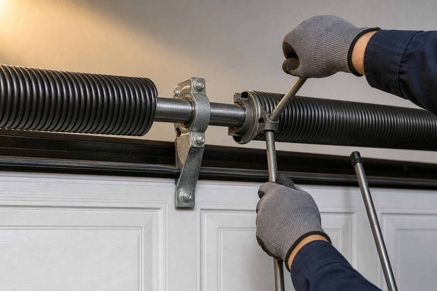 Gloved technician hands using a winding bar on a torsion spring assembly above a garage door panel, showing the precise hands-on expertise that strengthens E-E-A-T signals in garage door repair content