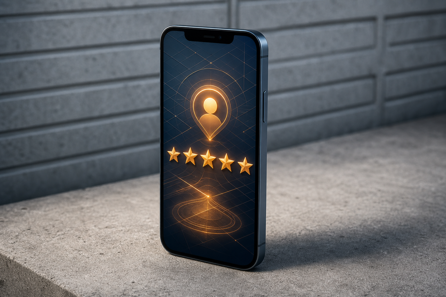 A steel-blue smartphone displaying an abstracted amber-glowing profile interface with floating gold star shapes, set against a blurred concrete panel background in directional cool light