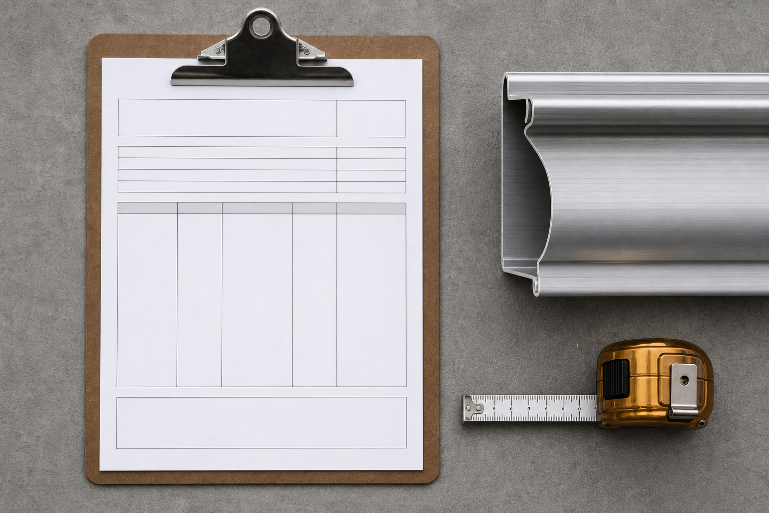 Overhead flat-lay of a contractor clipboard, aluminum K-style gutter section, and measuring tape on concrete, representing the importance of precise service documentation for AI content accuracy