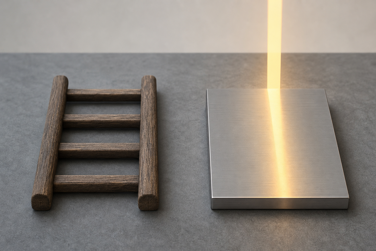 Two objects on a gray workbench — a wooden ladder rung and a brushed-steel panel — with an amber-gold light marking only the steel panel, illustrating the gap between traditional search ranking and AI citation systems.