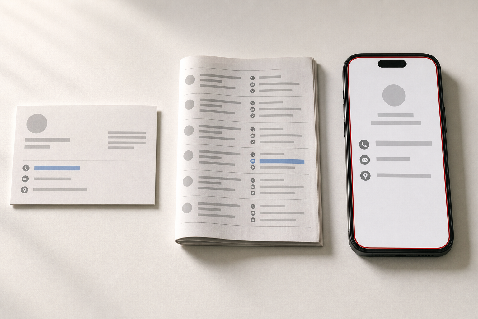 Three business listing surfaces—a business card, a directory printout, and a smartphone—laid flat side by side, with a visual mismatch highlighted on the smartphone's contact field