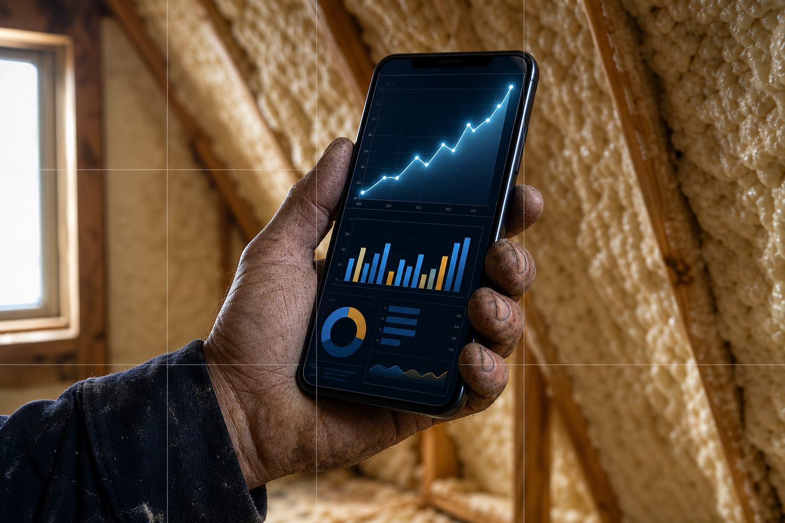 An insulation contractor's hand holds a smartphone showing an abstract upward-trending call-tracking graph in steel blue and amber, with spray foam insulation texture softly visible in the background.