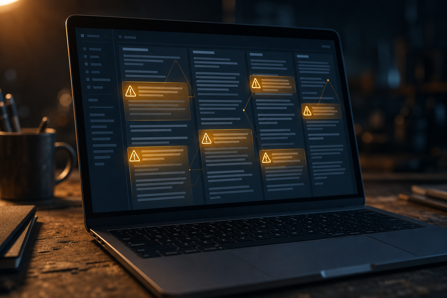 Laptop screen showing an abstract AI content audit with amber alert indicators highlighting mixed-intent signals on a junk removal web page