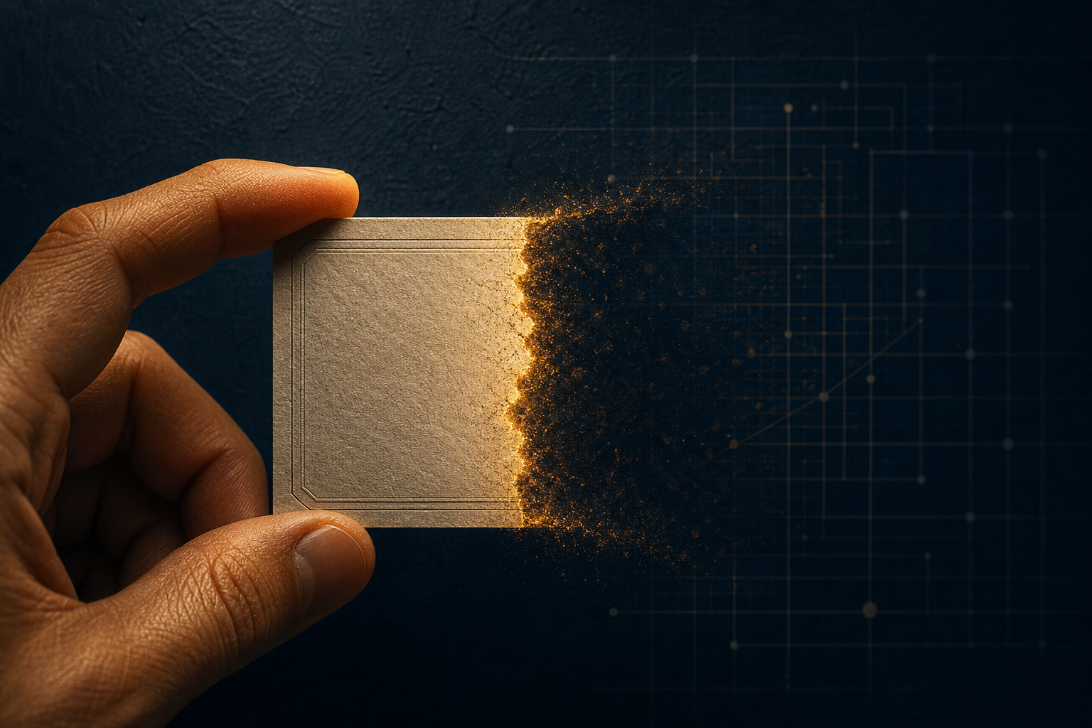 A business card held in hand with one half sharply visible and the other half dissolving into darkness, lit dramatically from the side with amber-gold light tracing the boundary between presence and absence.