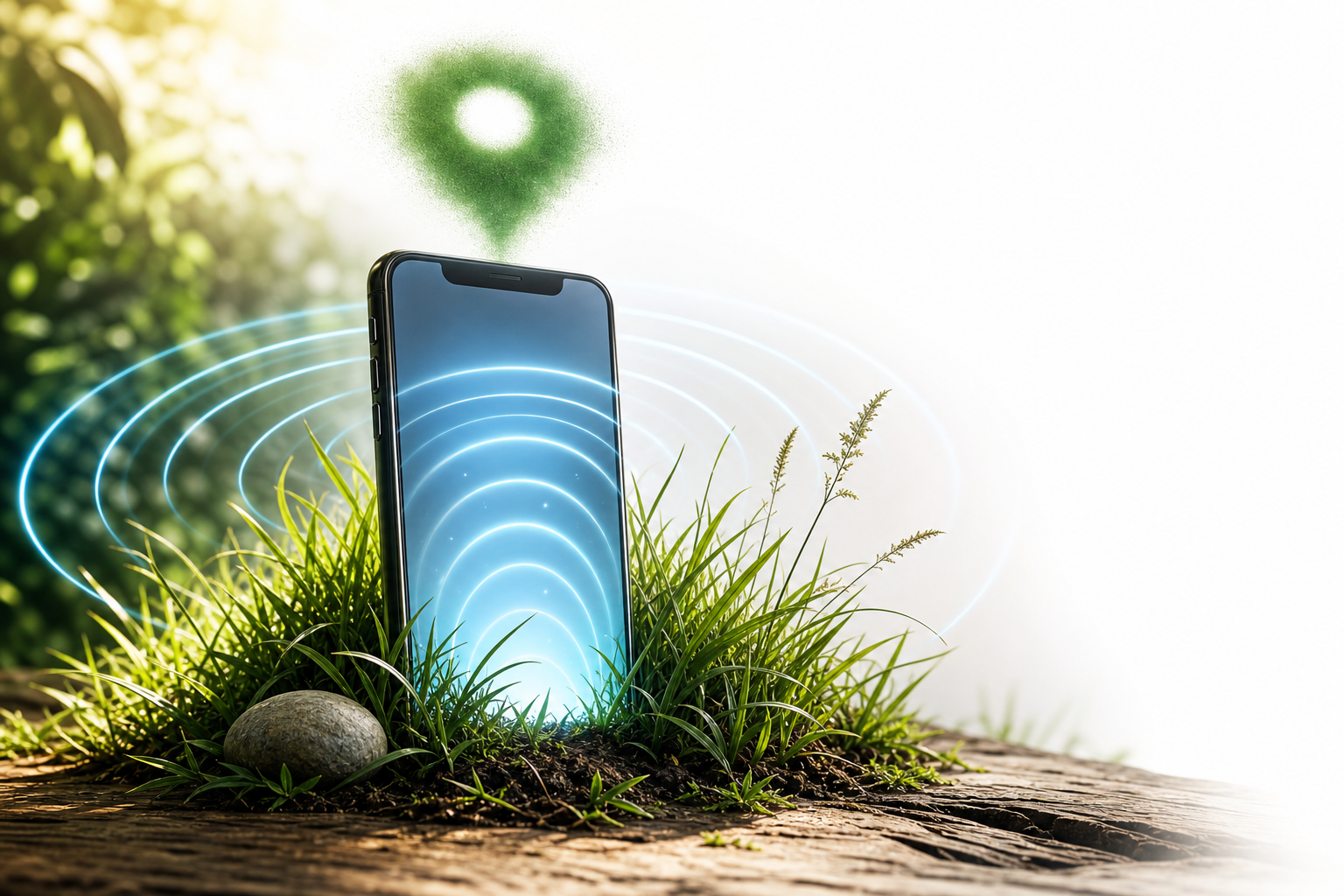 A glowing smartphone standing upright in lush green grass and dark soil, emitting soft slate-blue light rings and a hovering map pin shape, symbolizing a landscaping business commanding local digital visibility