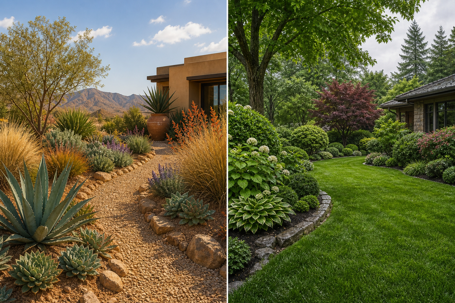 Split-panel illustration contrasting an arid southwestern xeriscape landscape on the left with a lush Pacific Northwest-style lawn on the right, representing the need for genuinely location-specific landscaping service pages