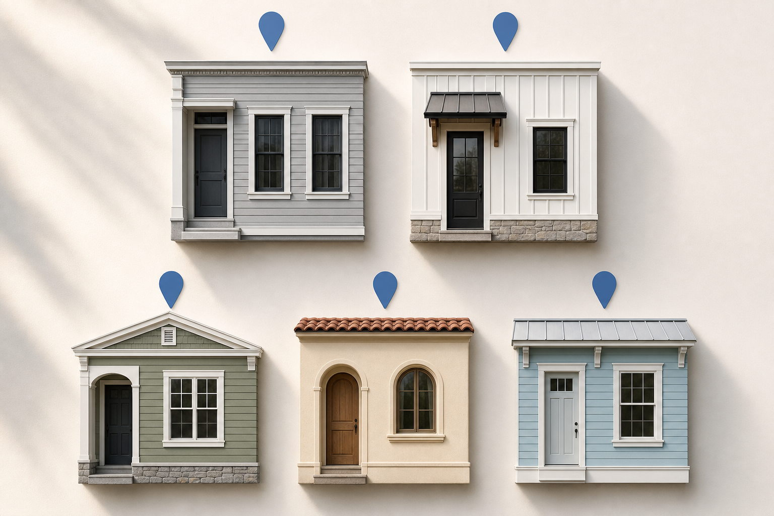 Five distinct painted house facade panels arranged in a grid, each with an abstract location pin above it, representing unique city-specific landing pages for a painting contractor