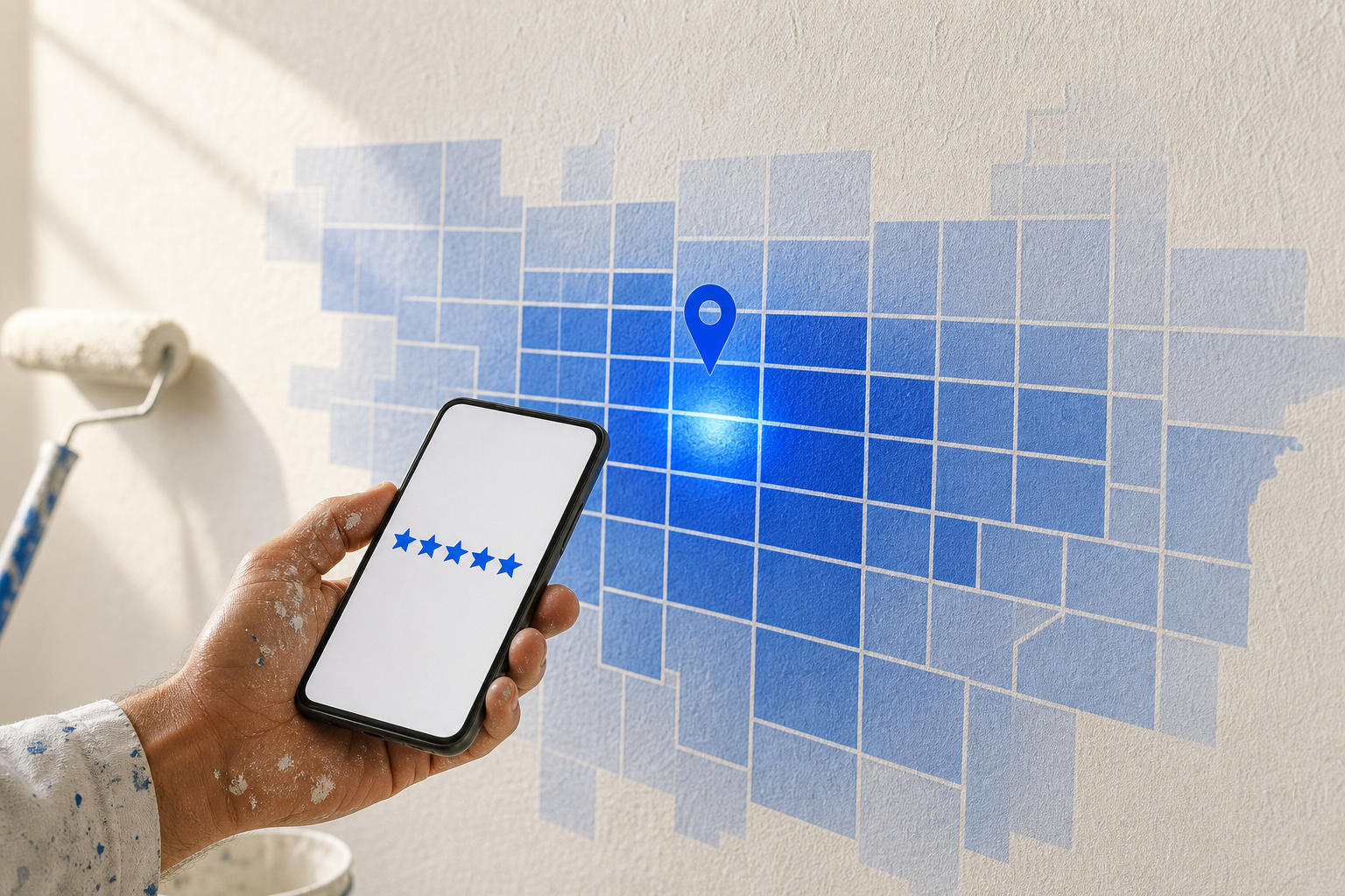 A painter's hand holding a smartphone with a symbolic star rating display, set against a freshly painted wall overlaid with a glowing cobalt blue geographic ranking grid