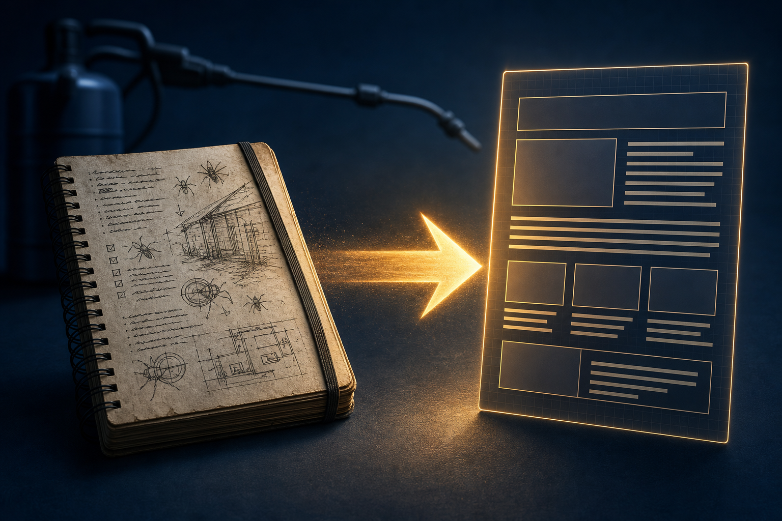 A pest control field notepad on the left connected by an amber-gold arrow to a glowing structured digital content card on the right, illustrating the transformation of technician field notes into AI-citable published content