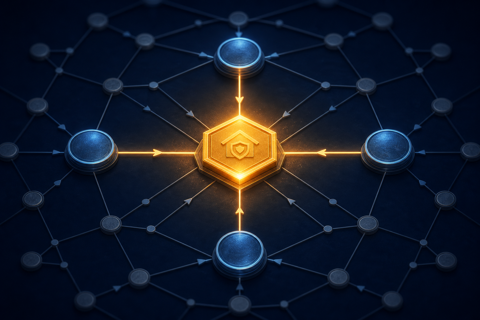 A glowing amber-gold central node connected by directional lines to four surrounding slate-blue nodes in a structured geometric network diagram on a deep navy background