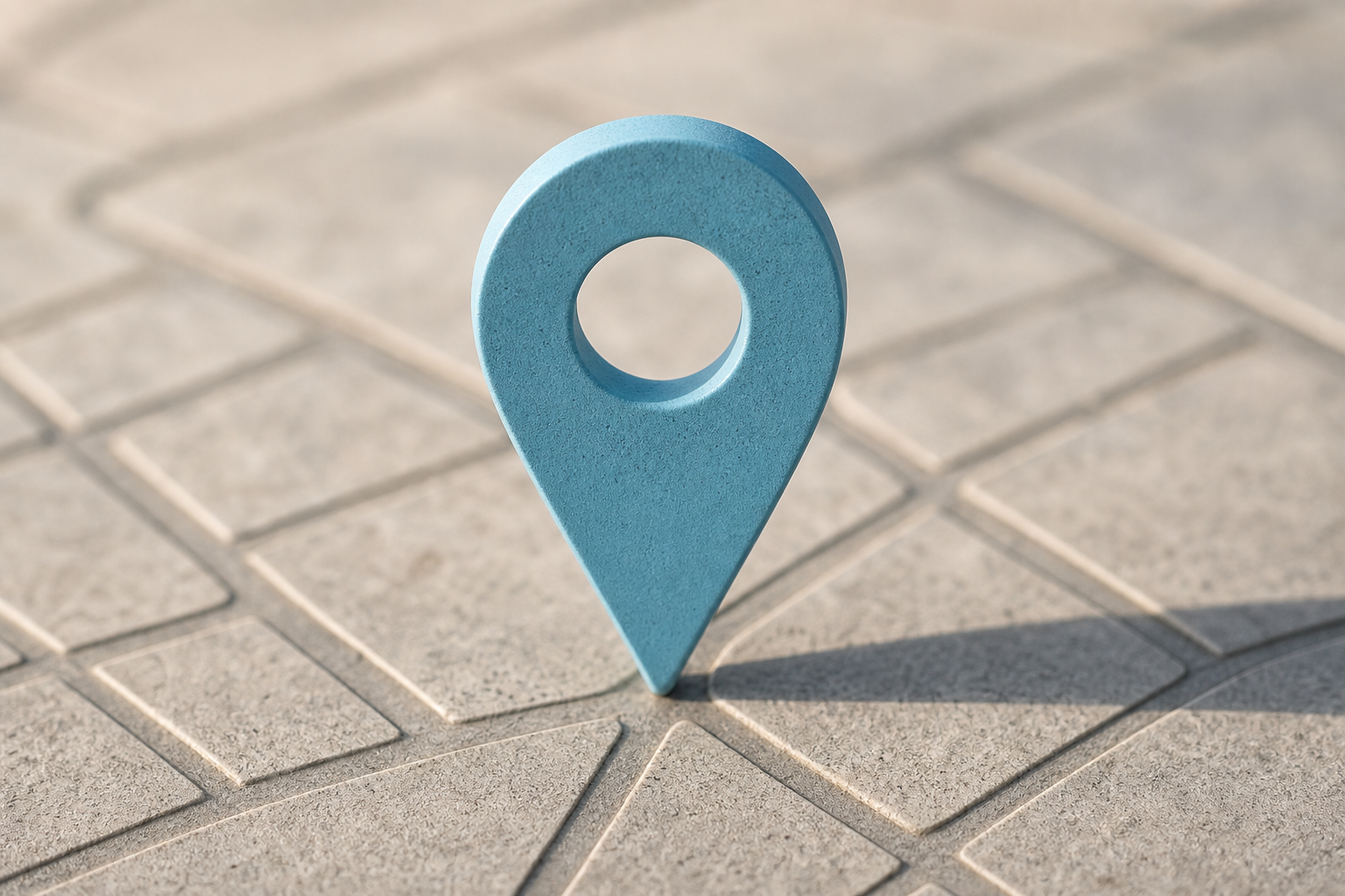 A single aqua-blue map pin standing upright on a brushed concrete surface with a faint grid pattern, lit by soft natural mid-morning daylight