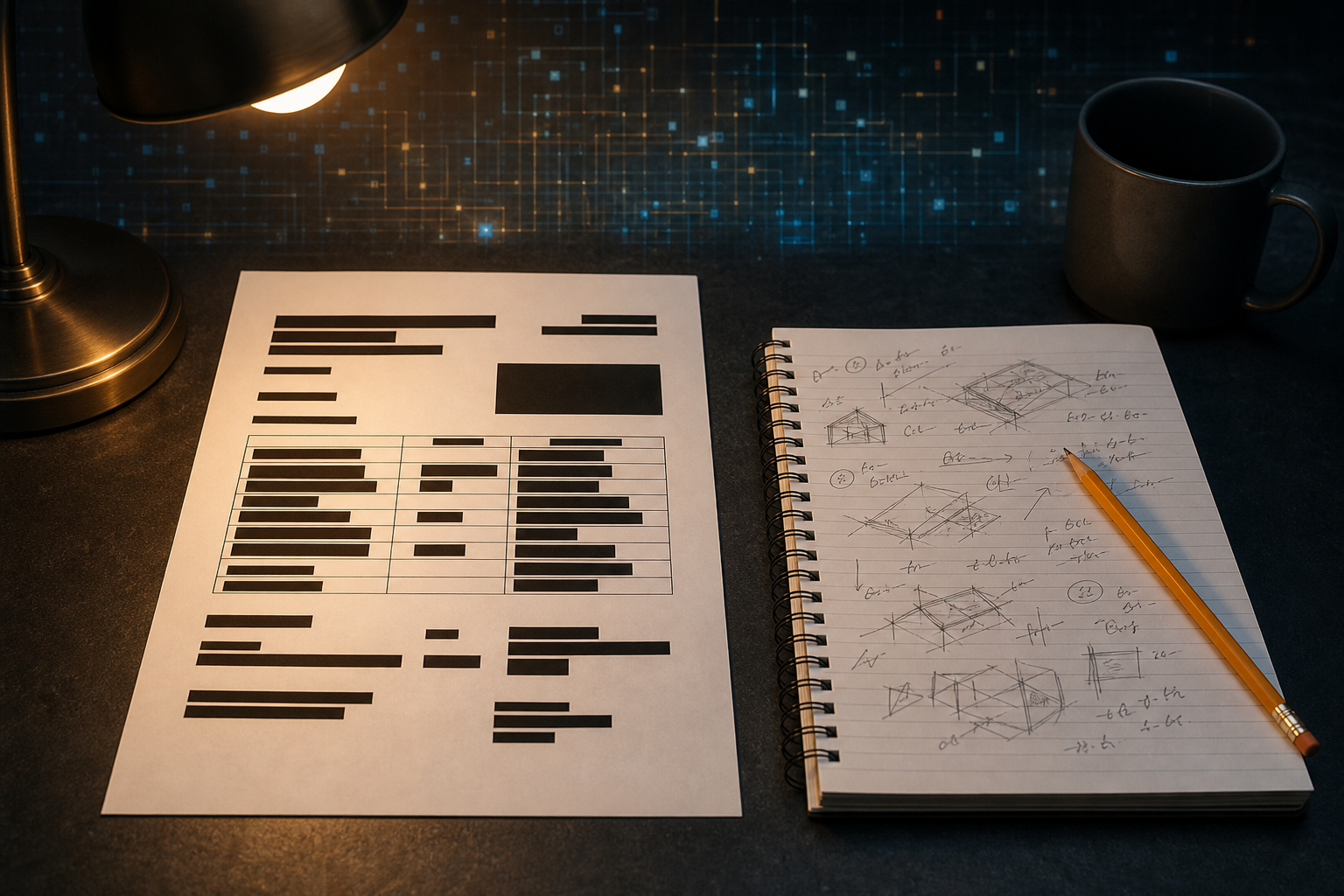 A redacted printed document and a handwritten notepad on a desk under warm lamp light, with a faint digital grid in the background suggesting AI processing of anonymized roofing job notes