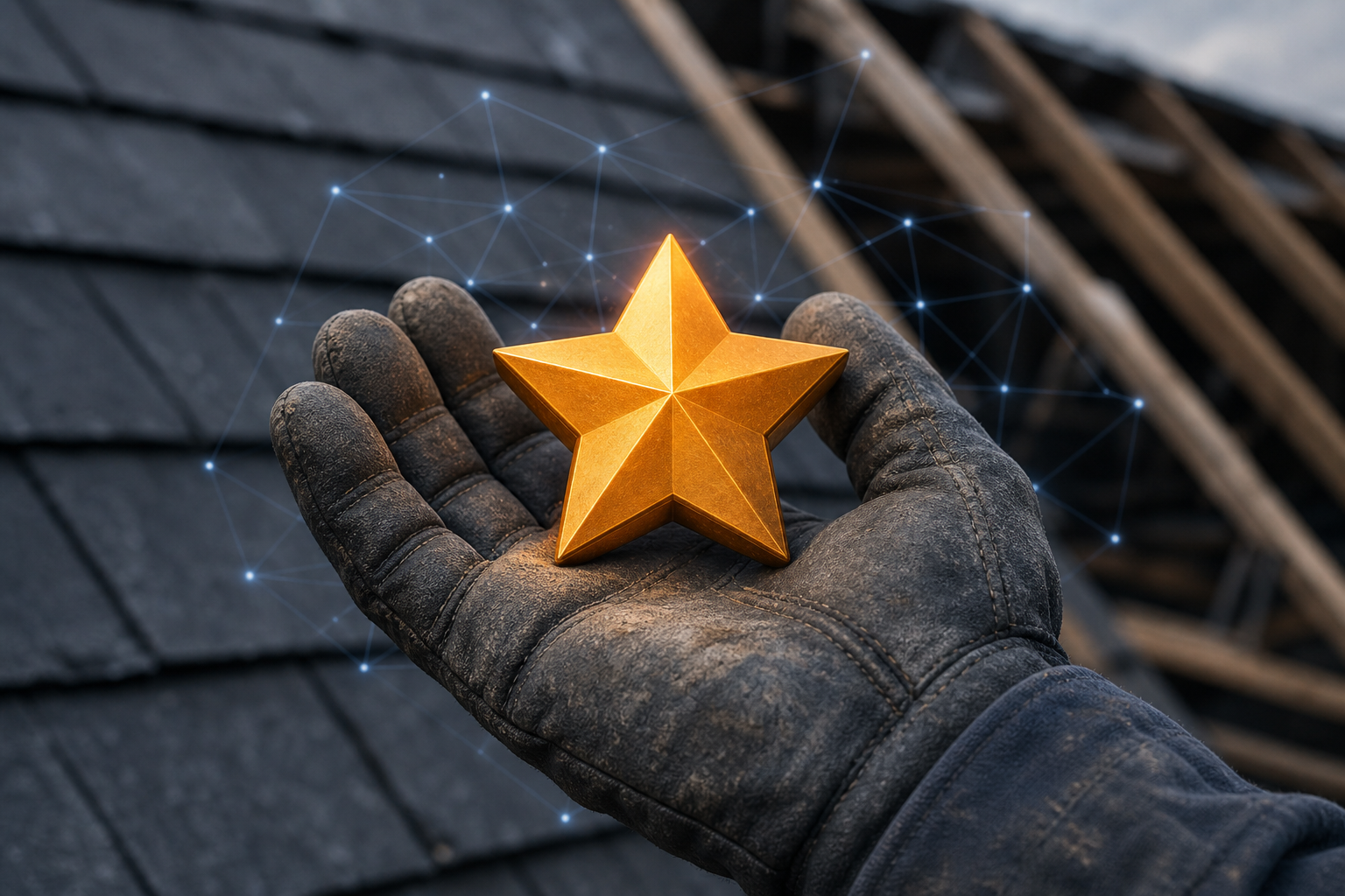 A roofing contractor's glove cradling a glowing amber five-star badge, with faint digital network lines radiating outward against a blurred dark shingle background