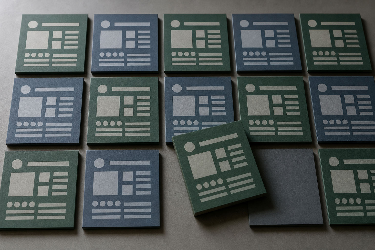 Grid of matching directory listing tiles with one misaligned tile breaking the pattern, representing how inconsistent NAP data disrupts AI engine trust in a local business