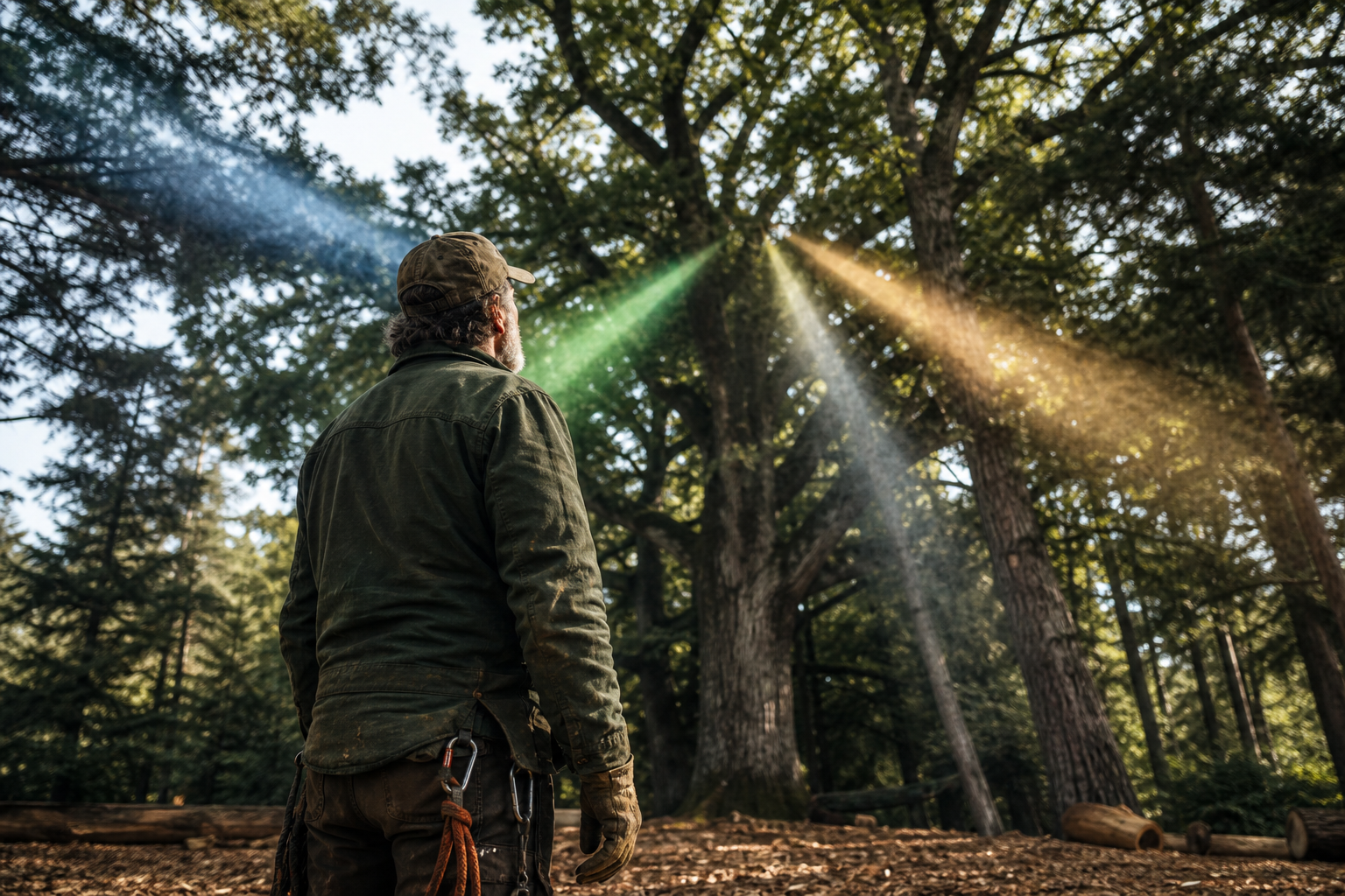 An arborist stands among tall trees as four soft beams of differently tinted light radiate outward from him through the canopy, suggesting simultaneous reach across multiple invisible channels