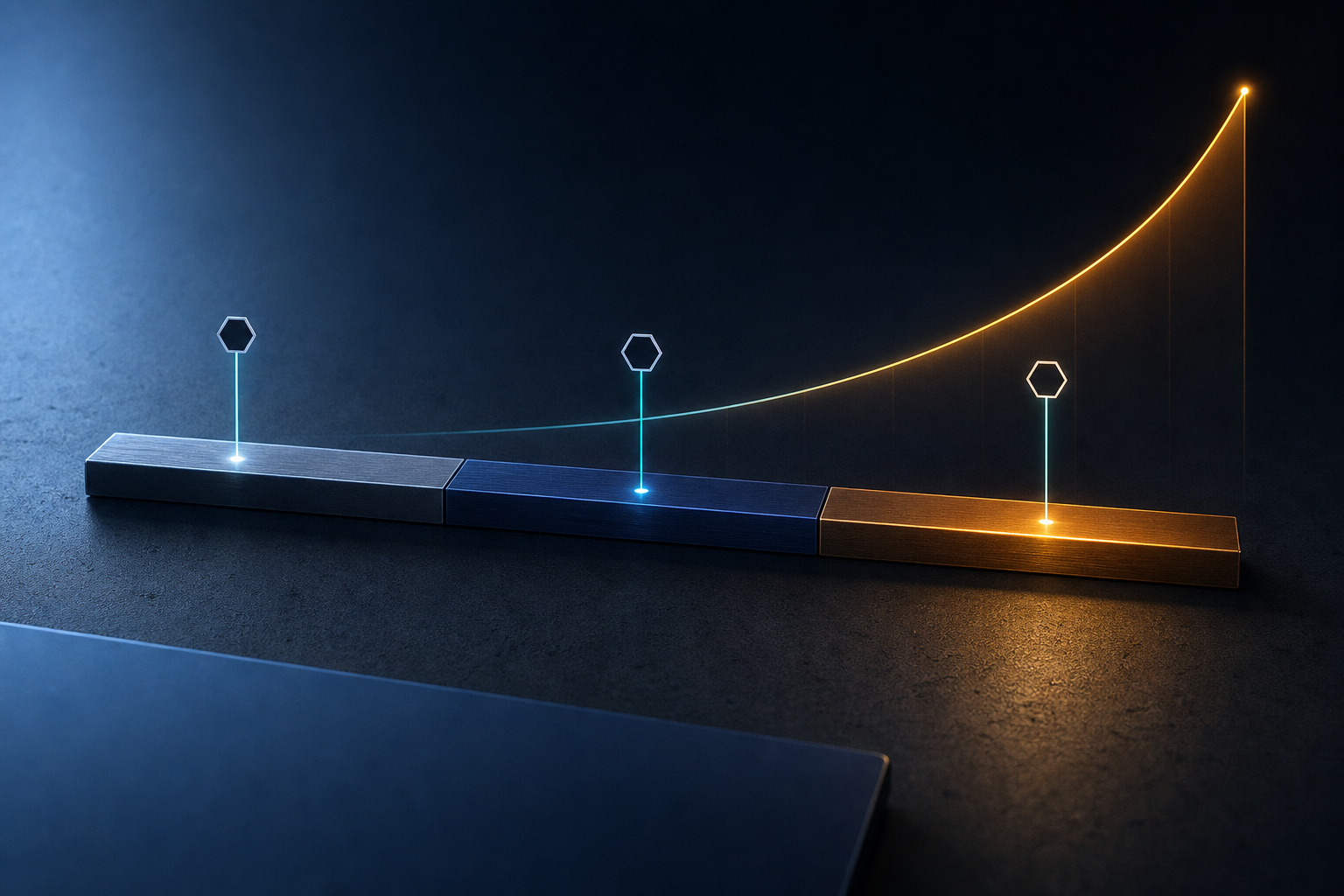 A horizontal timeline bar divided into three glowing stages — gray, navy, and amber — with geometric milestone markers and a rising amber growth curve above, rendered on a dark concrete surface with cool directional lighting.