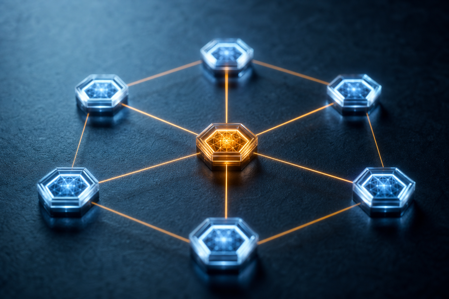 Geometric network of hexagonal nodes on a dark surface, all connected by amber lines converging on a single bright central node, representing consistent business entity signals across online directories enabling AI engine citations