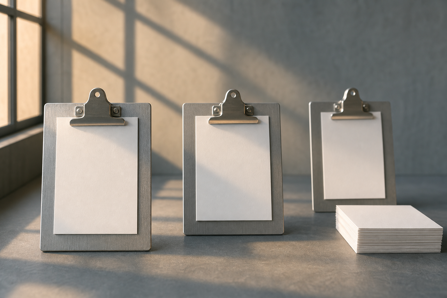 Three brushed-aluminum clipboards in a precise row on a grey surface, lit by warm amber directional light, with a small stack of white cards beside the last clipboard suggesting consistent, ongoing accumulation across multiple platforms
