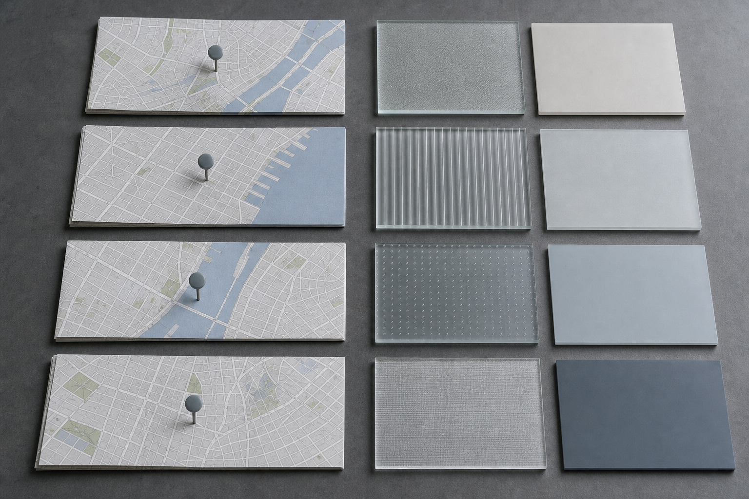 Top-down flat-lay grid of city map segments paired with window material swatches arranged in a structured two-column layout on a grey desk