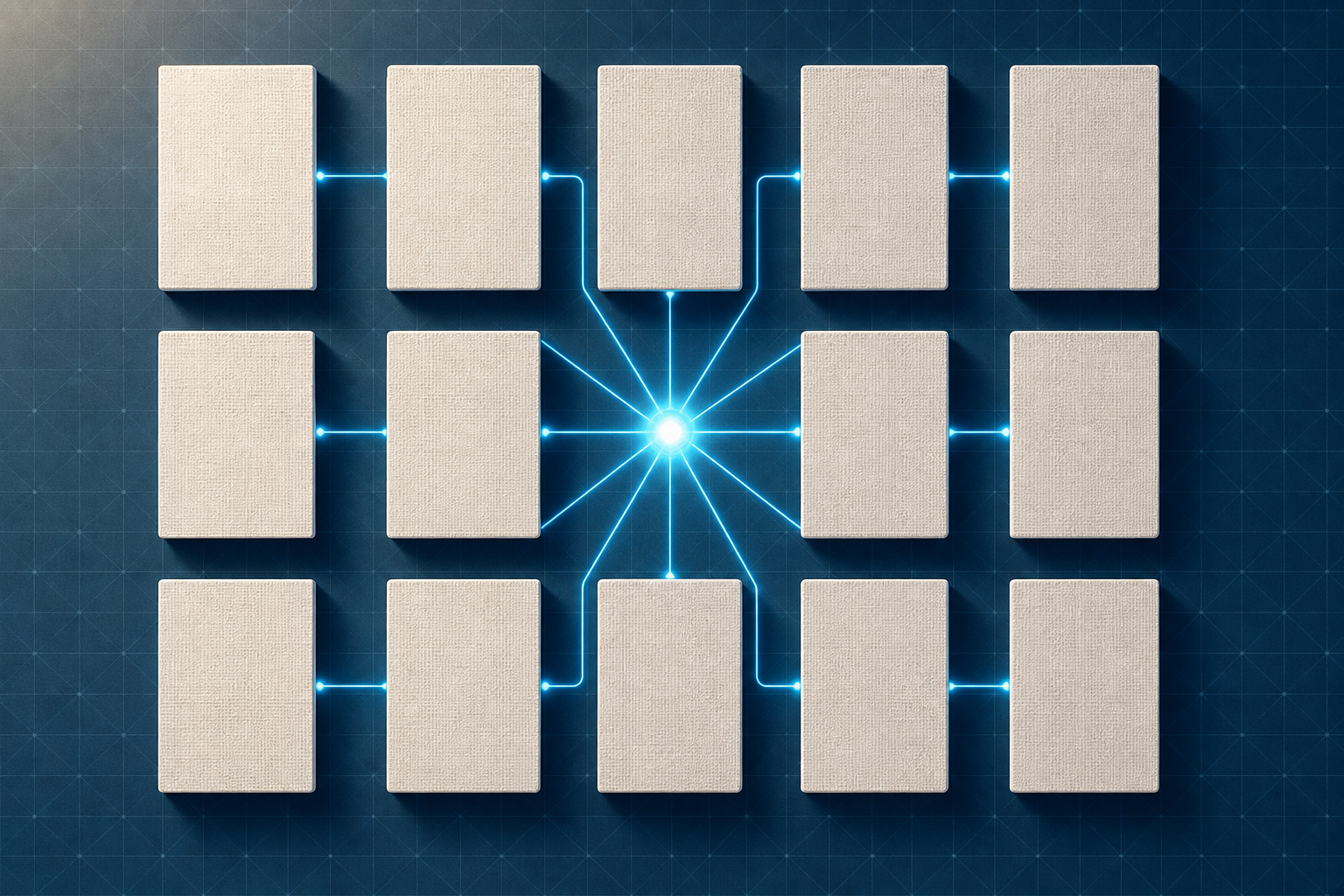 Overhead view of aligned directory cards connected by glowing cyan lines converging on a single central node, representing consistent NAP data across multiple platforms