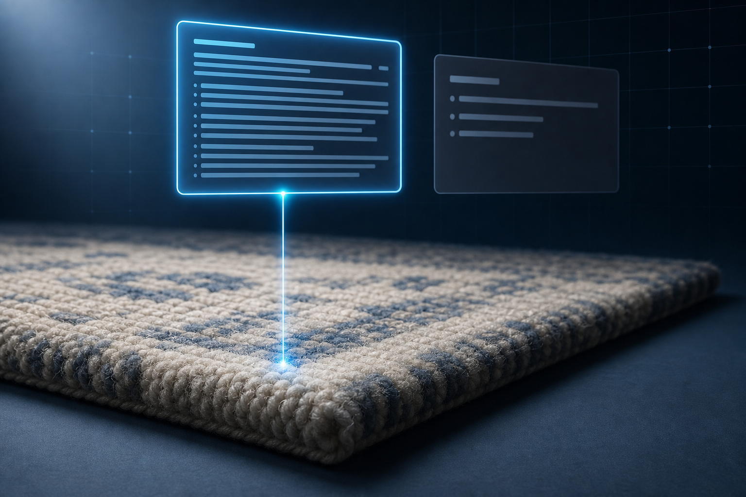A clean wool area rug corner on a slate-blue surface, with two abstract floating review cards above it — one glowing with a cyan edge indicating AI selection, one receding in gray — connected by a thin cyan beam to the rug fibers below