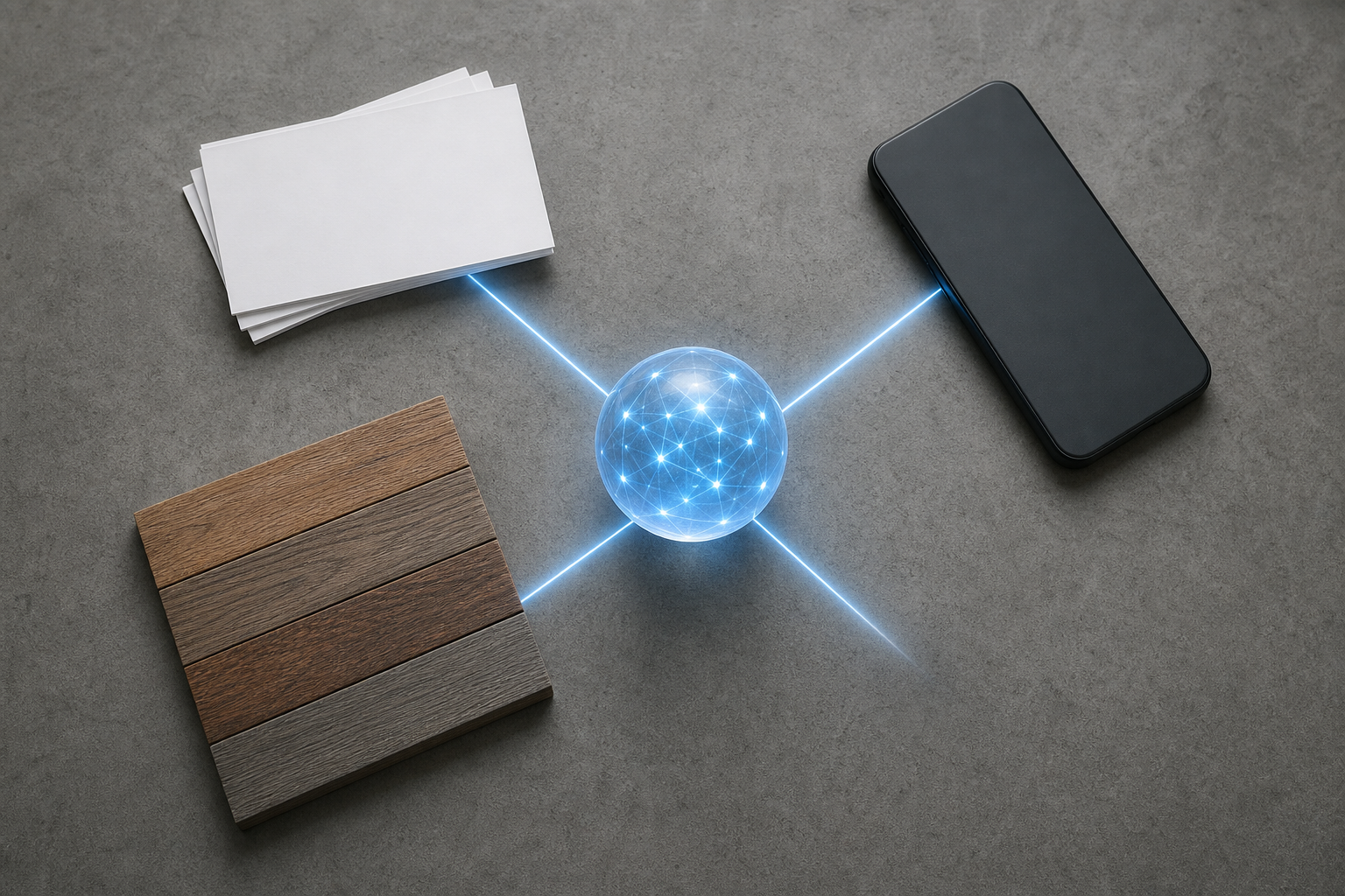 Flat-lay of review cards, a smartphone, a composite deck sample, and a glowing blue sphere connected by luminous lines on a concrete surface, representing cross-platform review consistency as an AI authority signal