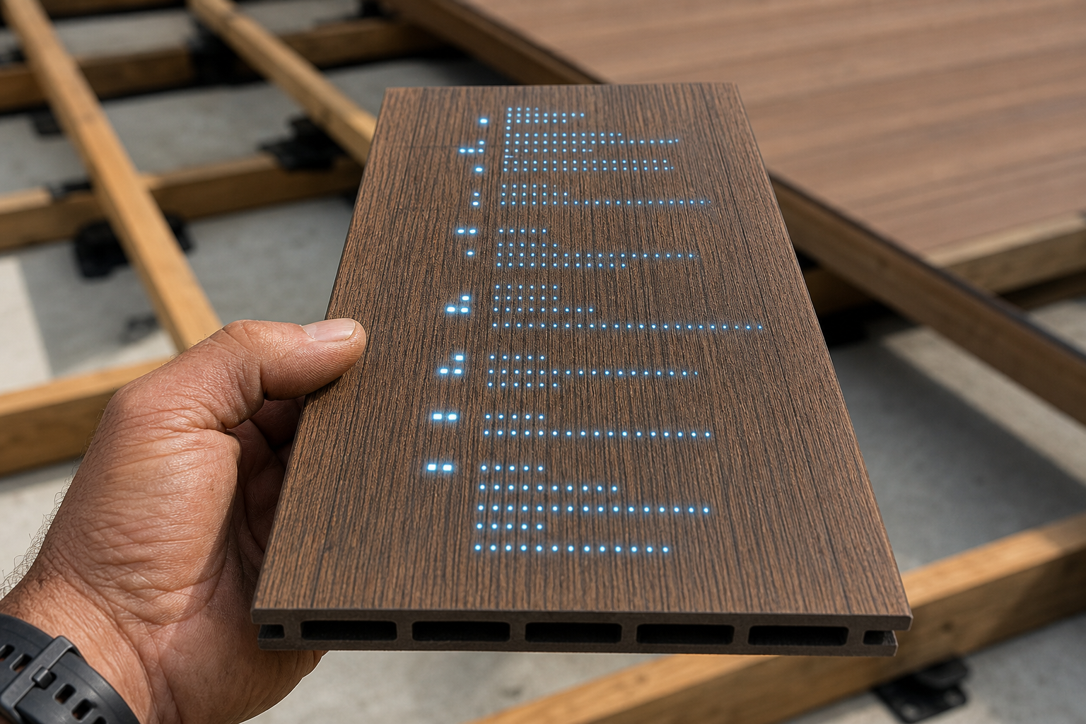 A contractor's hand holds a composite decking board embedded with structured glowing blue data clusters, symbolizing AI-optimized website content for deck builder businesses.