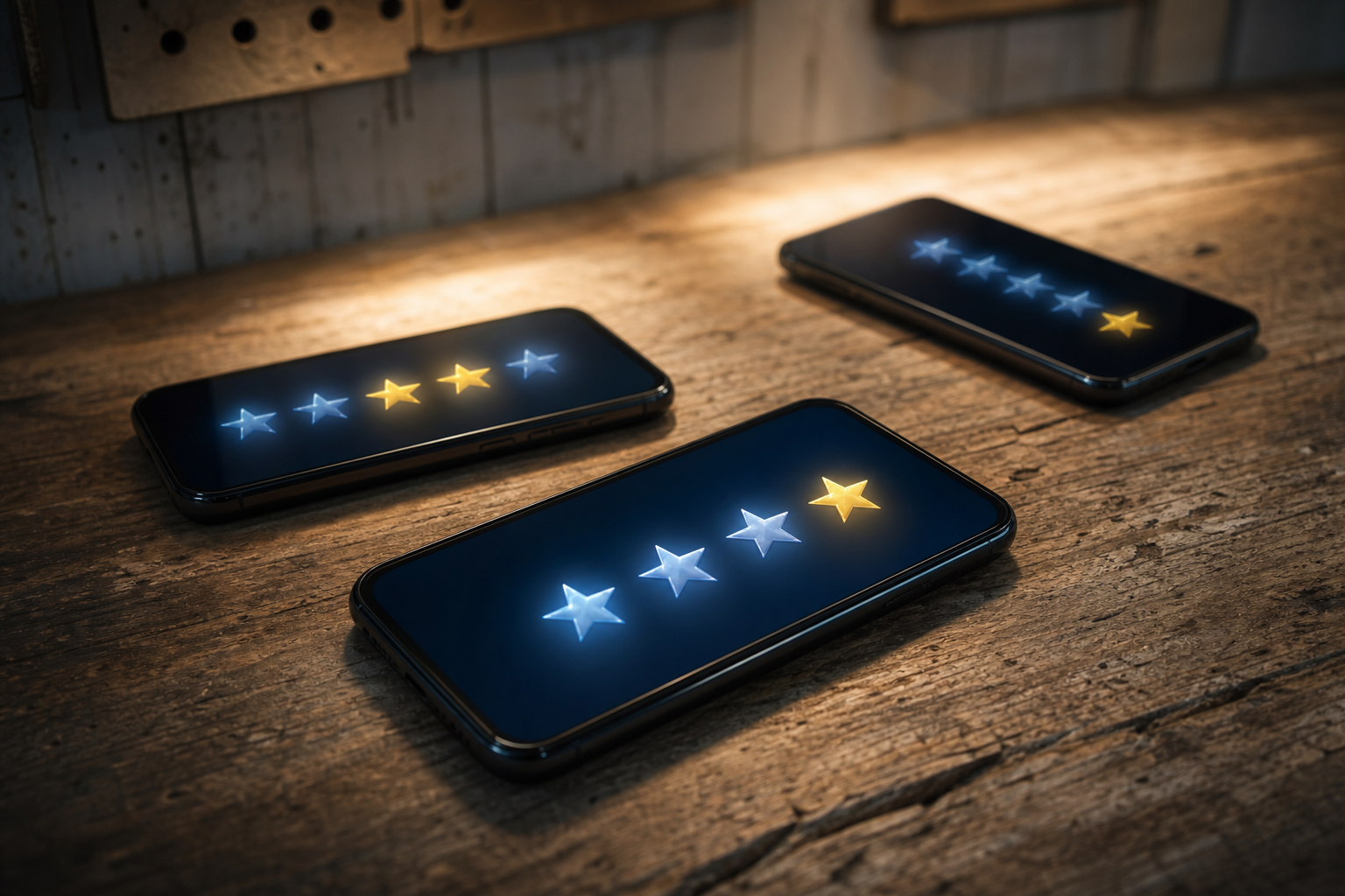 Three smartphones on a contractor workspace desk surface each displaying abstract star-rating symbols, representing multi-platform review monitoring across different services