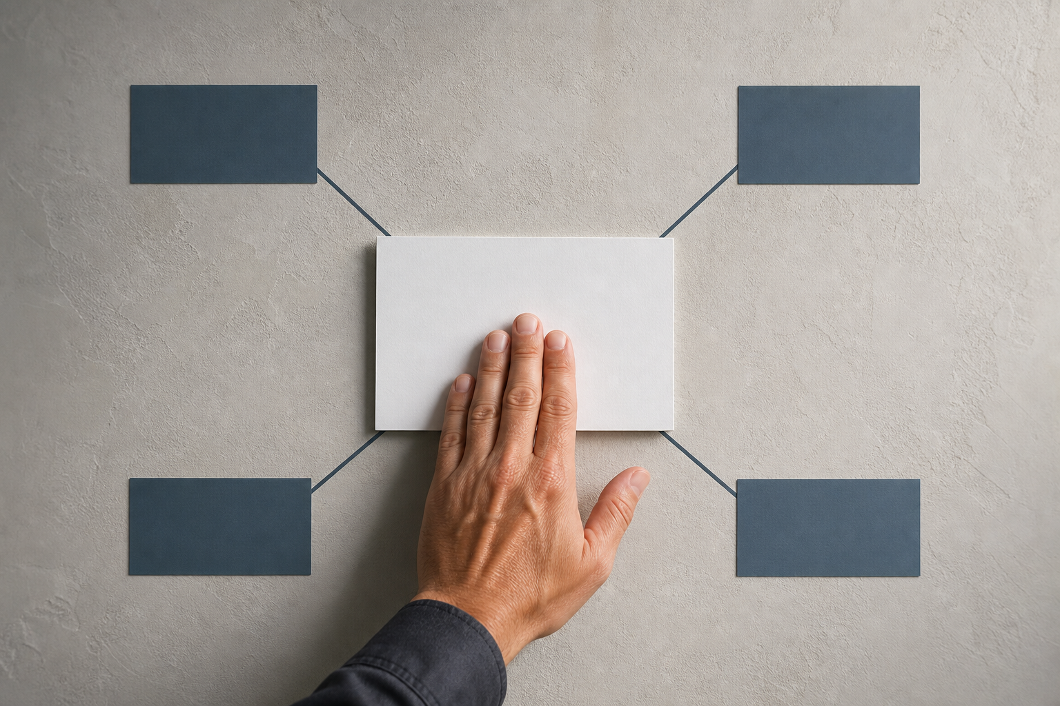 A hand presses a blank white card against a textured drywall surface while slate-blue vector lines connect it to four structured rectangular nodes, representing a contractor's consistent presence across authoritative AI-trusted sources.