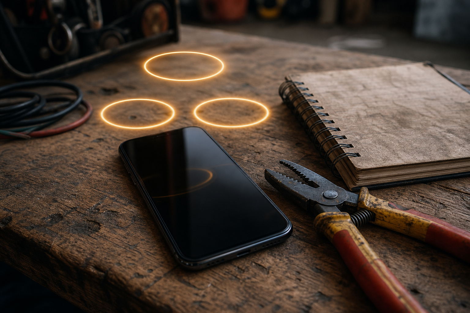 Smartphone on an electrician's workbench beside a notebook and wire-stripping pliers, with three glowing amber halos hovering above the phone representing multi-platform review distribution