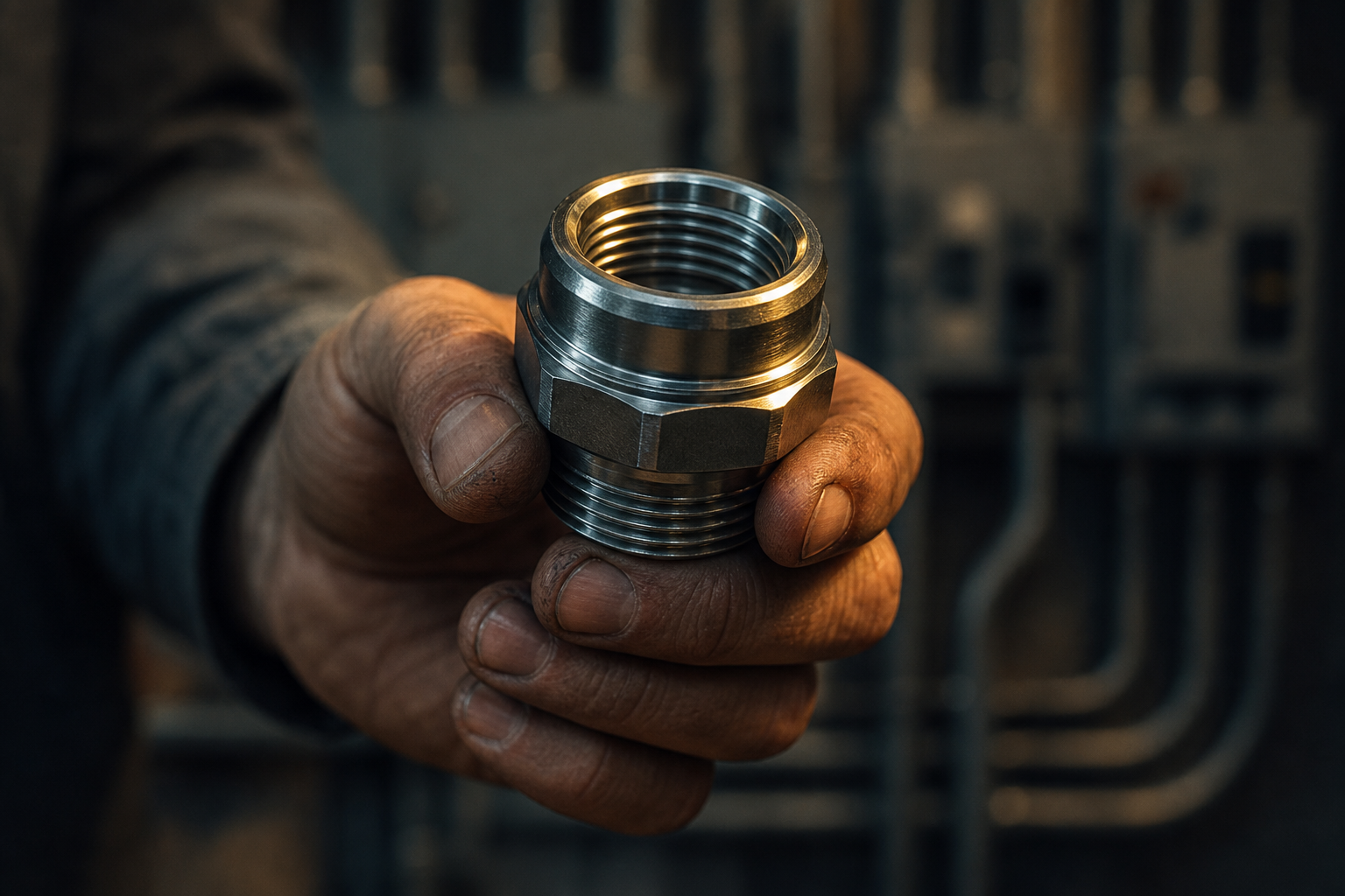 A skilled hand holds a polished steel conduit fitting under directional amber-gold light against a blurred industrial electrical background