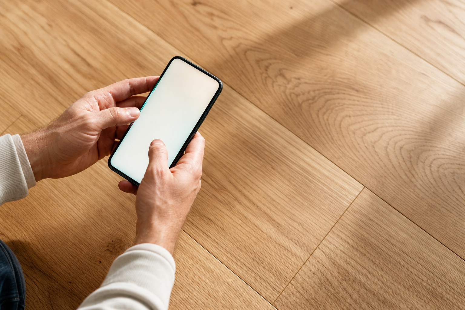 Homeowner's hands holding a smartphone above a newly installed oak hardwood floor, representing the act of searching community forums for flooring installer recommendations