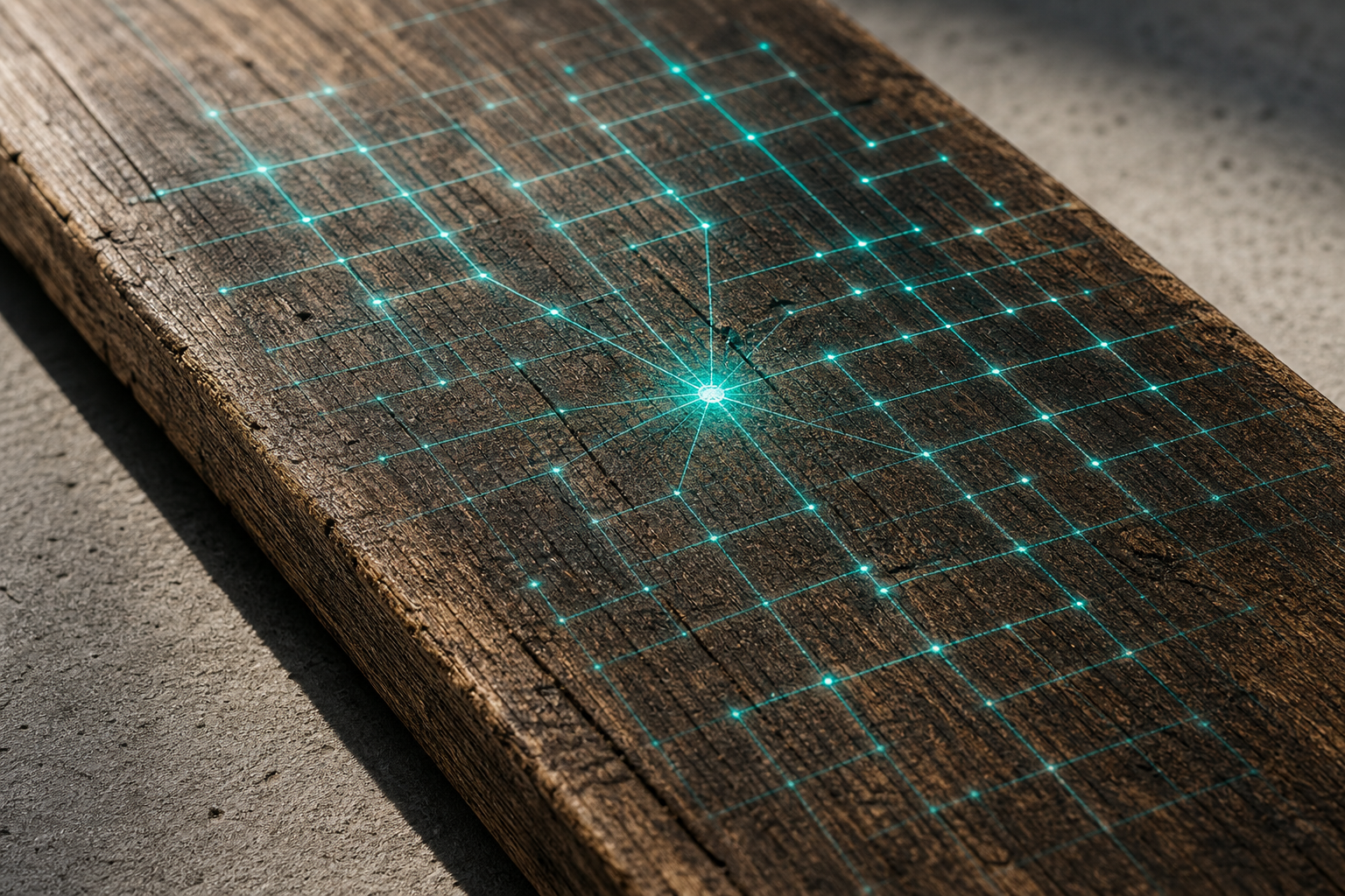 A worn hardwood flooring plank on concrete with a teal geometric grid of light nodes projected across its grain, one central node glowing brighter than the rest under directional natural light