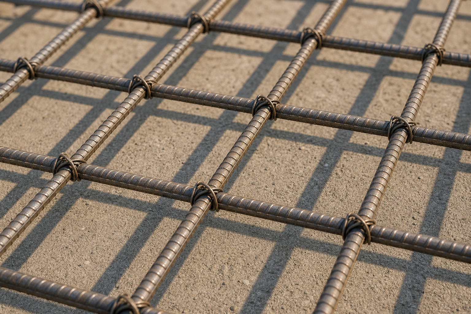 Structural steel rebar grid with tie wire at each intersection embedded over a concrete surface, representing systematically corroborated business signals across multiple authoritative platforms