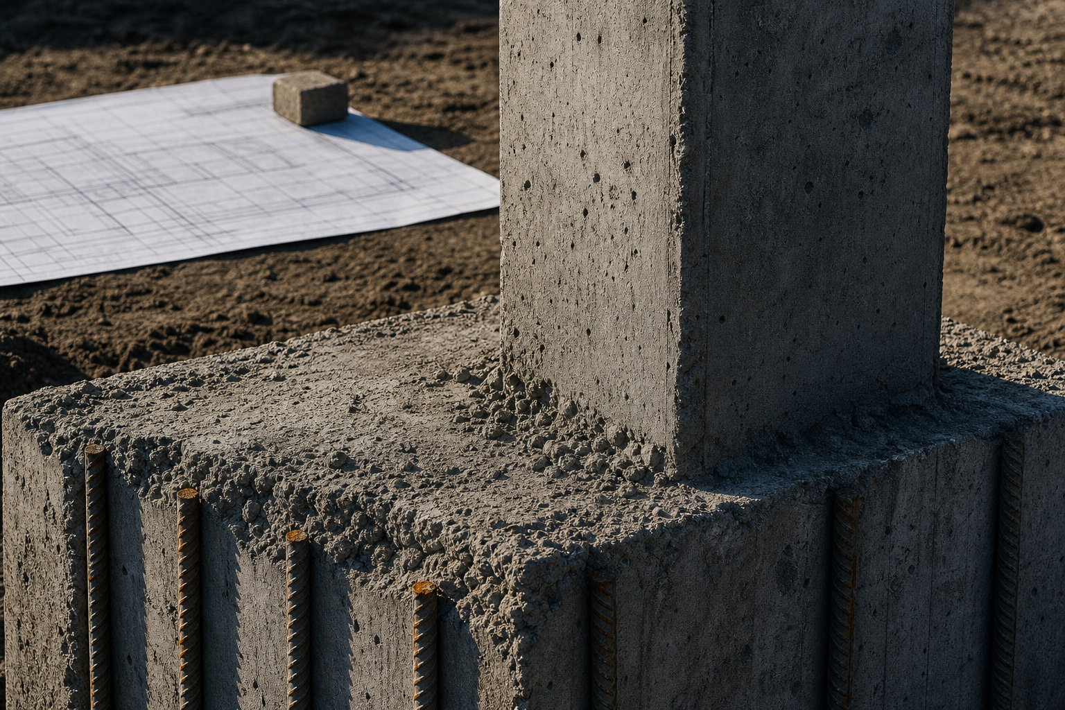 A structural concrete column with embedded steel rebar rises from compacted soil, photographed in directional daylight with a schematic grid partially visible in the softened mid-ground, rendered in desaturated concrete greys and warm amber accents.