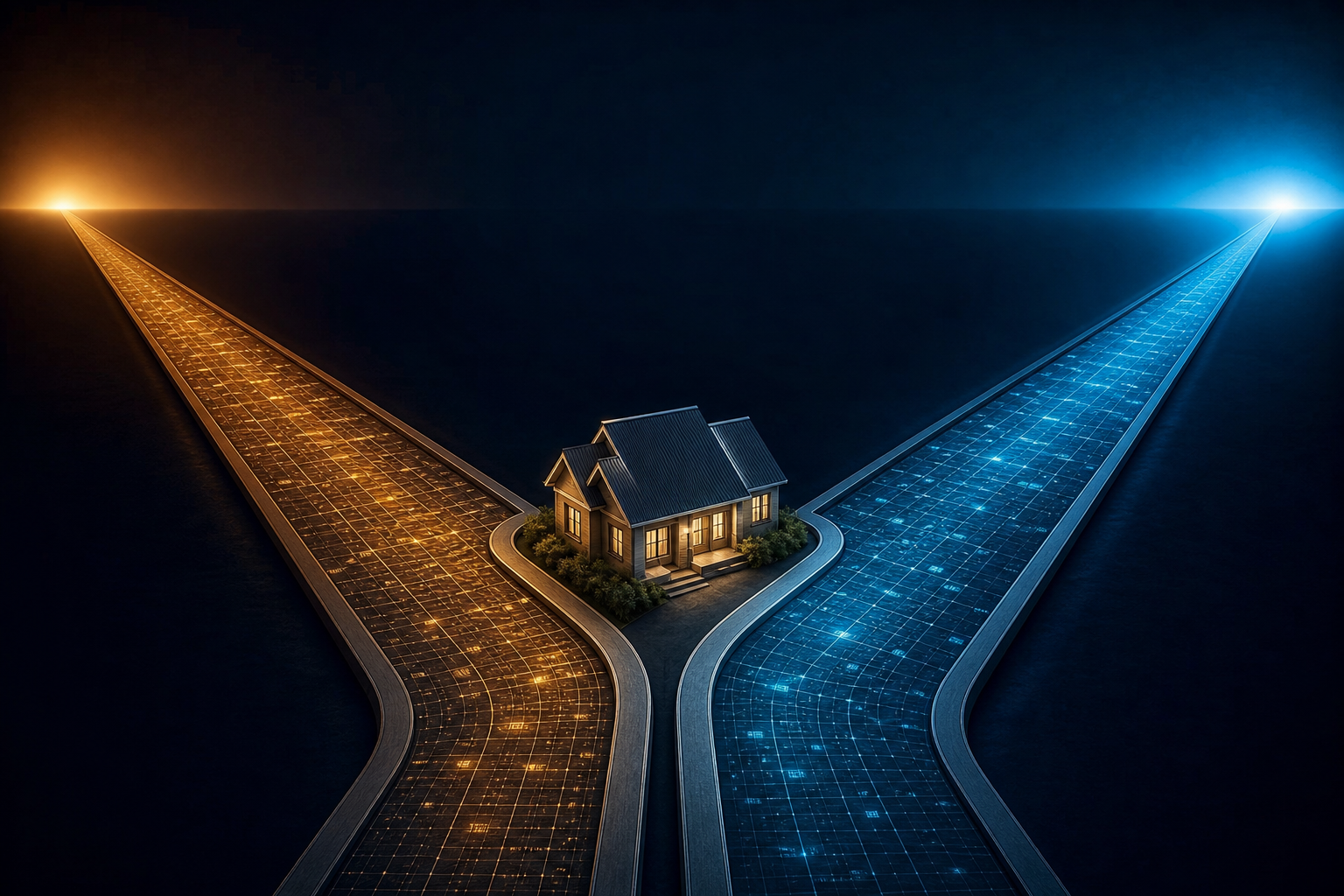 Aerial view of two diverging illuminated tracks representing separate Google and Bing-ChatGPT search authority systems, with a residential building with gutters positioned at the fork