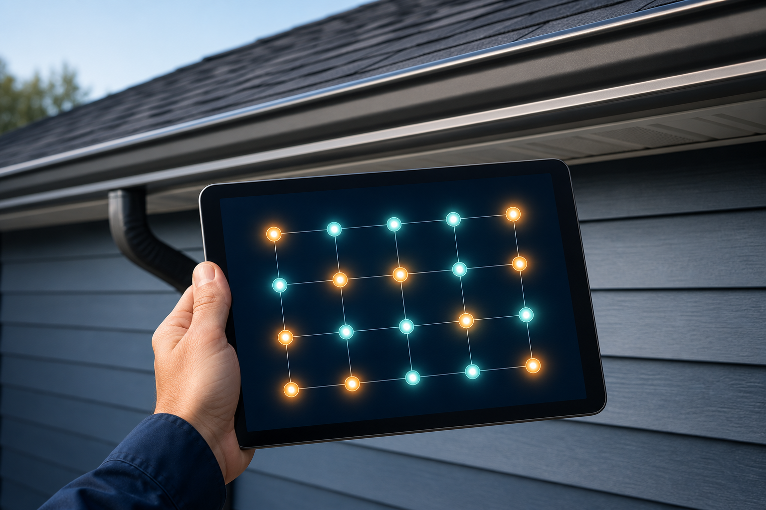 A gutter professional holds a tablet displaying an abstracted glowing diagnostic grid of fifteen connected nodes in amber and teal, with a residential roofline softly blurred in the background
