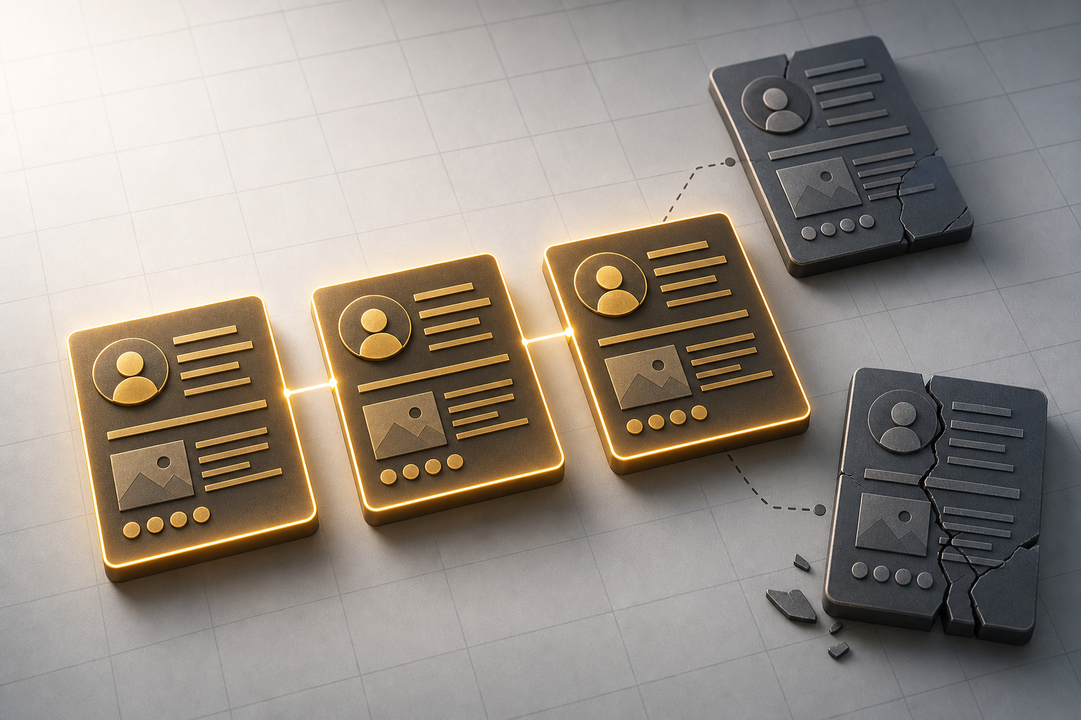 Top-down view of stylized business listing cards — some aligned and glowing with connected citation lines, others fractured and disconnected, illustrating how inconsistent NAP data fragments a business's AI citation authority